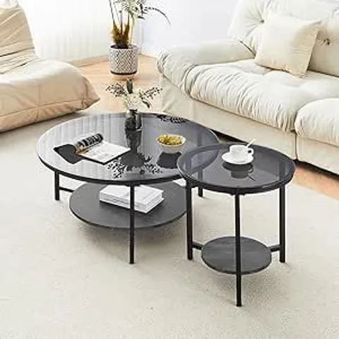 OFCASA ROUND GLASS NESTING COFFEE TABLES, REMOVABLE SET OF 2, BLACK TEMPERED GLASS TOP NEST OF TABLES WITH STORAGE WOODEN SHELF AND METAL FRAME, END TABLE FOR LIVING ROOM BEDROOM