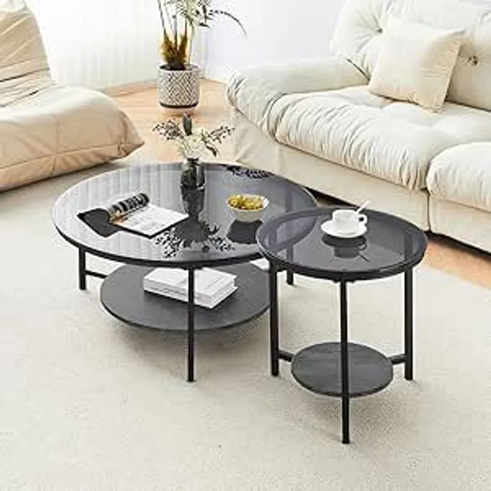 OFCASA ROUND GLASS NESTING COFFEE TABLES, REMOVABLE SET OF 2, BLACK TEMPERED GLASS TOP NEST OF TABLES WITH STORAGE WOODEN SHELF AND METAL FRAME, END TABLE FOR LIVING ROOM BEDROOM