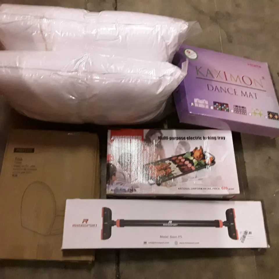 PALLET OF ASSORTED PRODUCTS INCLUDING TOILET SEAT, PILLOWS, MULTI-PURPOSE ELECTRIC BAKING TRAY, DANCE MAT, RHINOSPORT PULL UP BAR