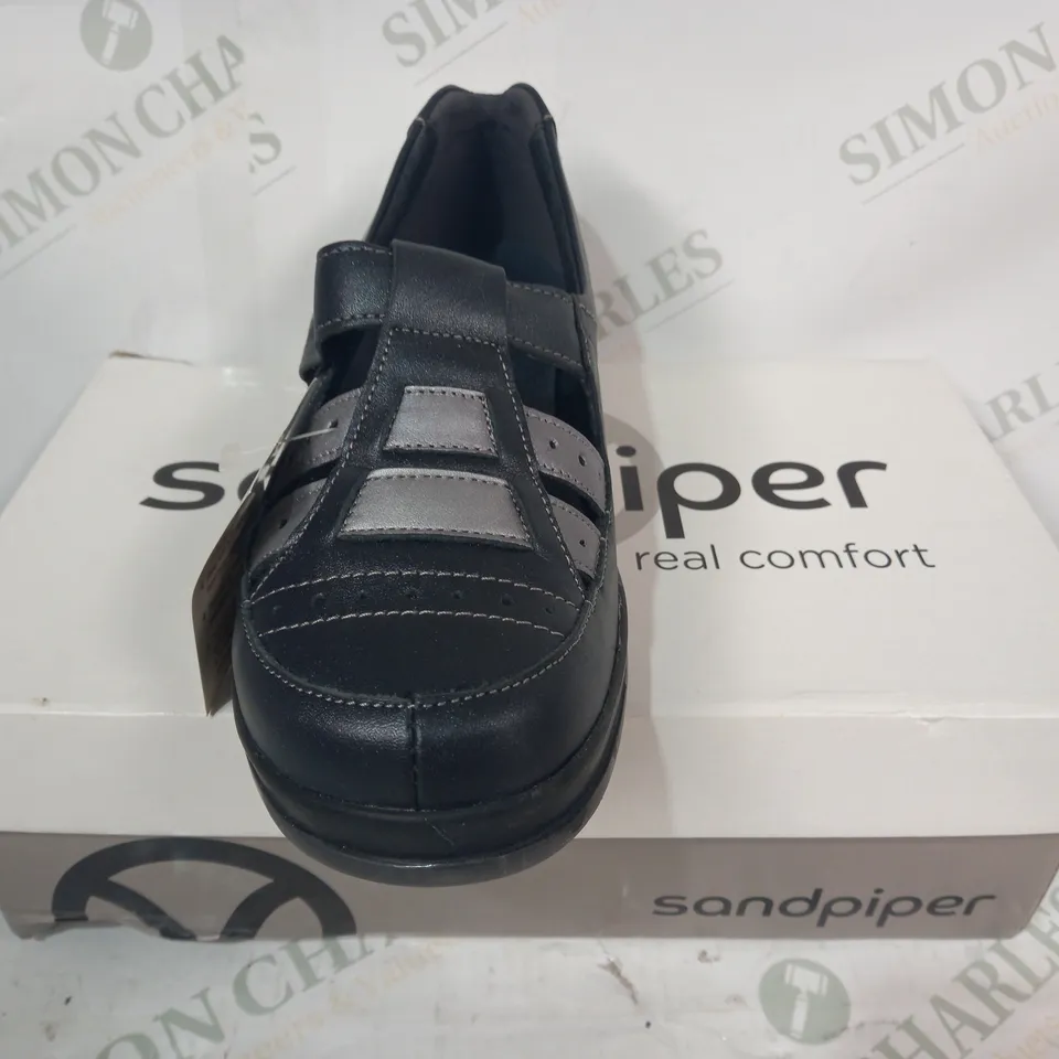 BOXED PAIR OF SANDPIPER SHOES IN CHARCOAL COLOUR EU SIZE 36