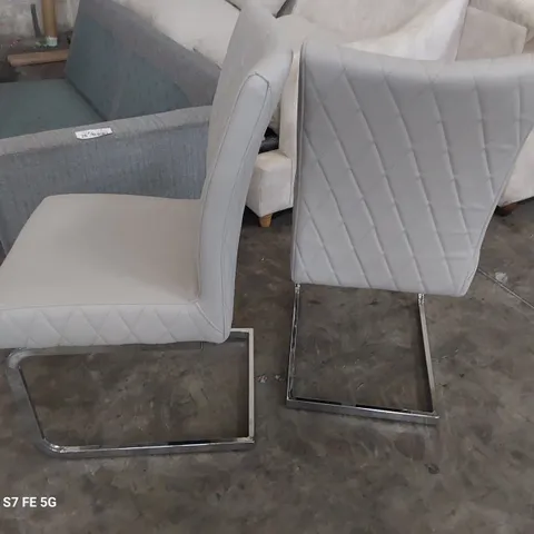 PAIR OF DESIGNER UPHOLSTERED DINING CHAIRS GREY PU ON CHROME FRAME
