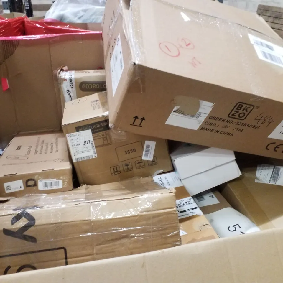 PALLET CONTAINING ASSORTED PRODUCTS INCLUDING STAINLESS STEEL SINK, COOLMAX CONTOUR PILLOW, ARTIFICIAL PLANTS, DRYWALL SANDER & KIDS SCOOTER