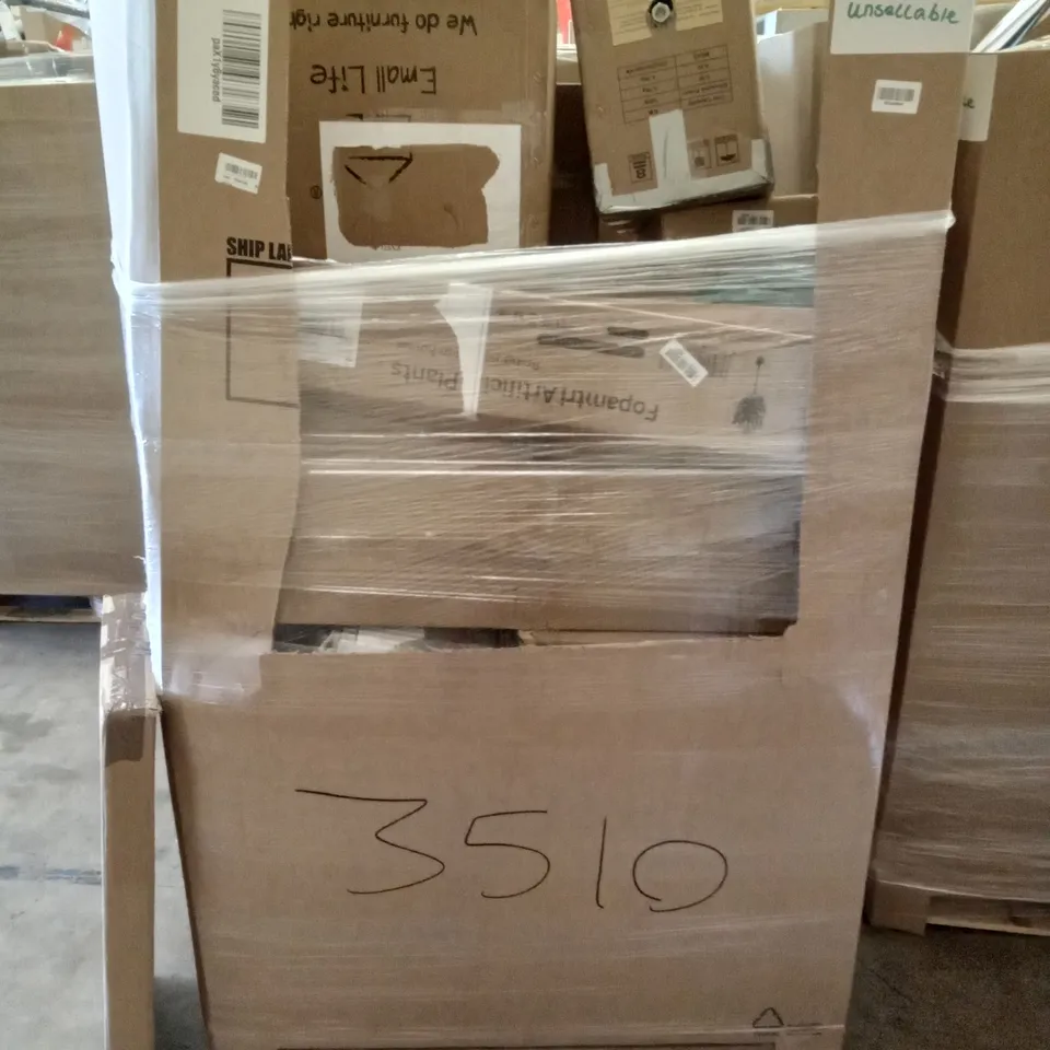 PALLET OF ASSORTED ITEMS INCLUDING MEEDEN TRIPOD FIELD PAINTING EASEL, FABIAN CLARKE PHOTO FRAMES, STOREMIC FLOATING SHELF, FOPAMTRI ARTIFICAL PLANTS, DK SONIC ULTRA SONIC CLEANER, COFFEE TABLE