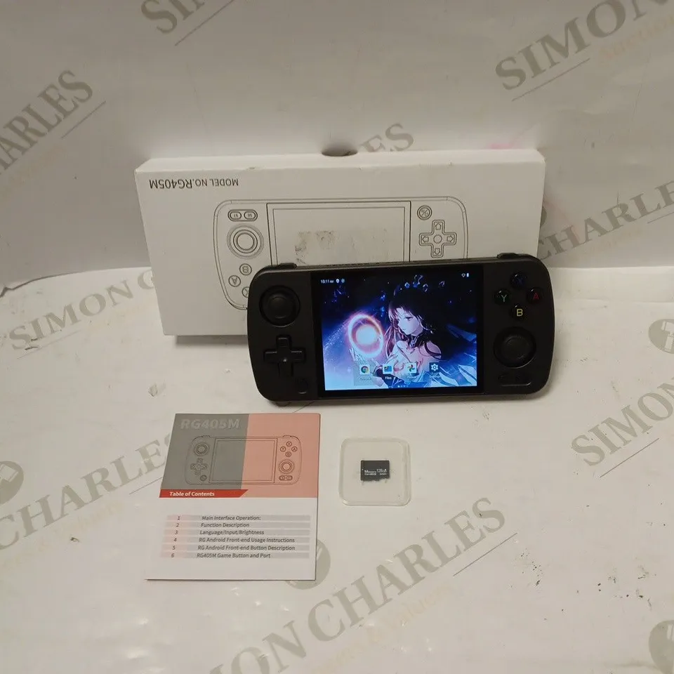 BOXED ANBERNIC HANDHELD GAMING DEVICE - MODEL RG405M - WITH 128GB MICRO SD CARD, USB CABLE, INSTRUCTIONS AND CLEANING WIPES