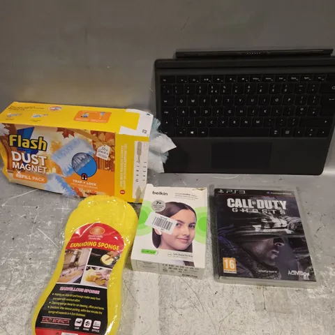 APPROXIMATELY 20 ASSORTED HOUSEHOLD/ELECTRICAL PRODUCTS TO INCLUDE TABLET KEYBOARD, EARPHONES, EXPANDING SPONGE ETC