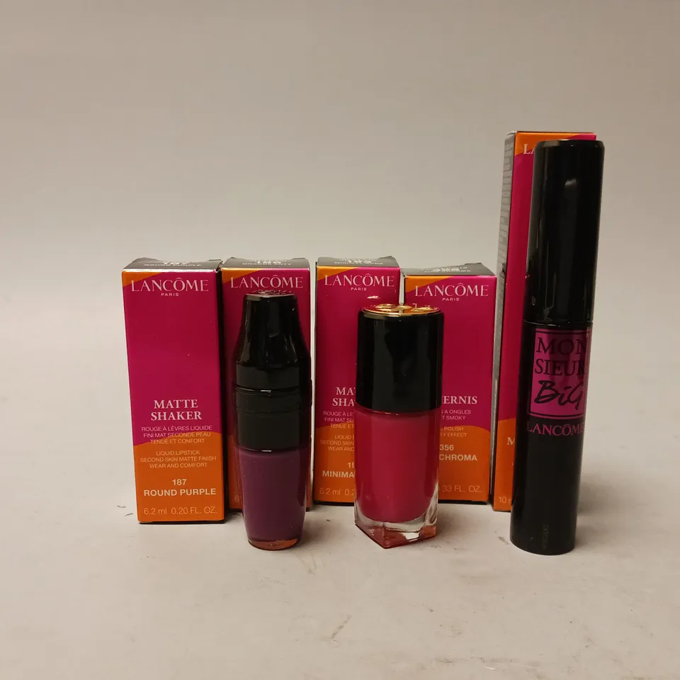 5 BOXED LANCOME BEAUTY PRODUCTS TO INCLUDE MATTE SHAKER LIQUID LIPSTICK, LE VERNIS NAIL POLISH, MONSIEUR BIG MASCARA 