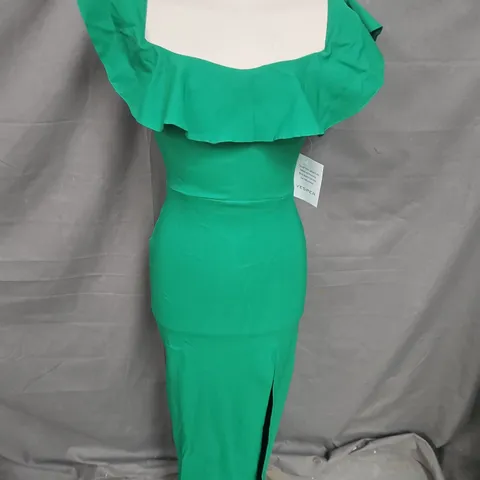 VESPER BENGALINE FRILL BARDOT SIDE SPLIT MIDI DRESS IN EMERALD SIZE 6