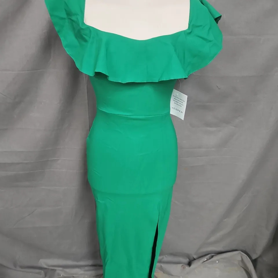 VESPER BENGALINE FRILL BARDOT SIDE SPLIT MIDI DRESS IN EMERALD SIZE 6