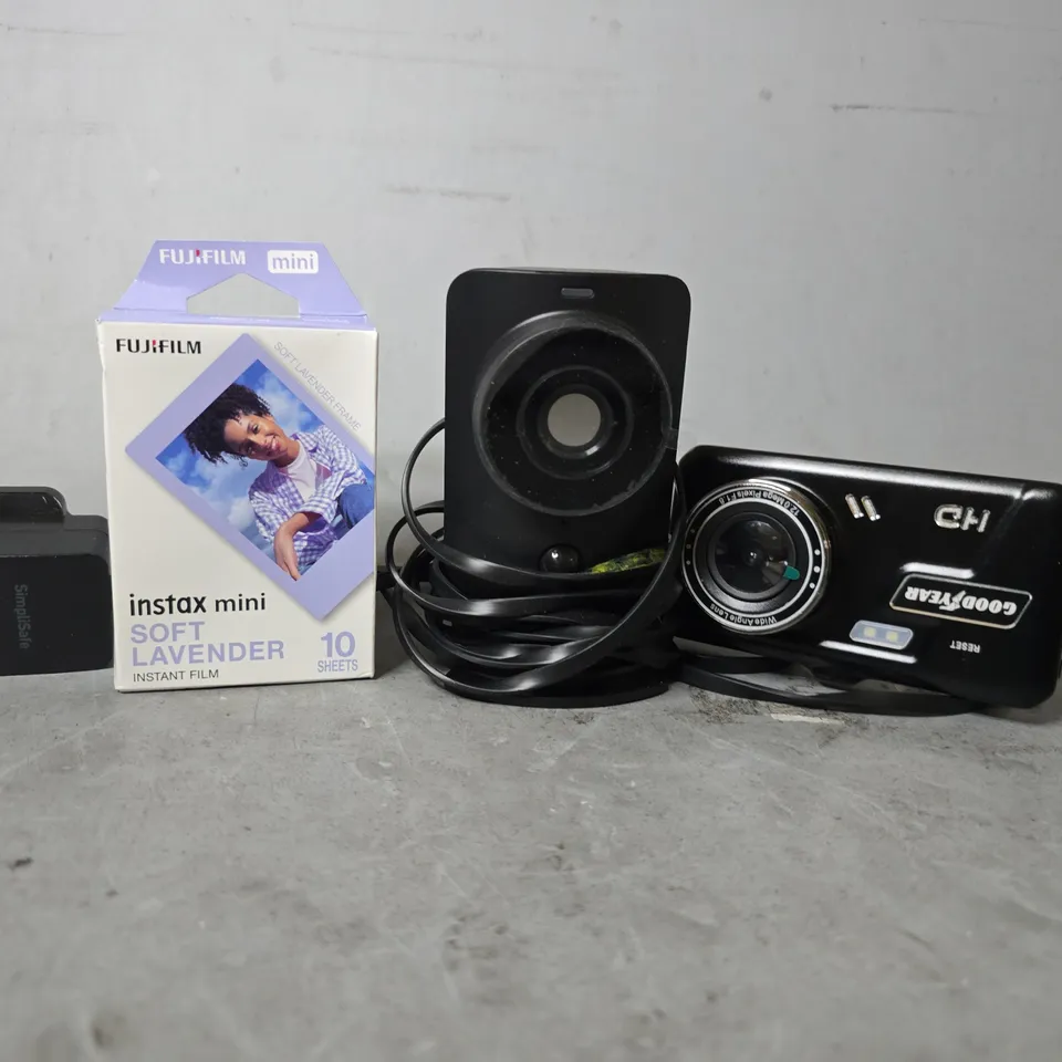 APPROXIMATELY 10 ASSORTED ITEMS TO INCLUDE - FUJIFILM INSTAX MINI SOFT LAVENDER 10 , GOOD YEAR DASH CAM  ETC