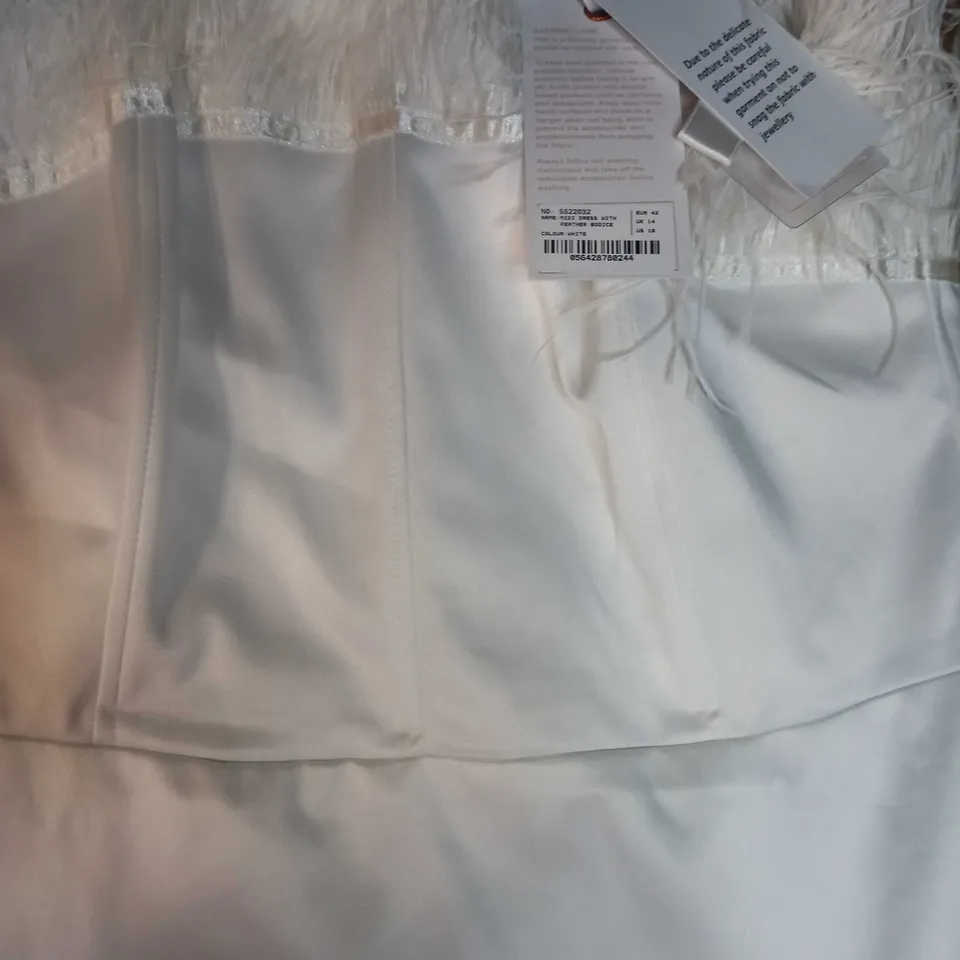 FOREVER UNIQUE WHITE FEATHER BODICE MIDI DRESS - SIZE 14
