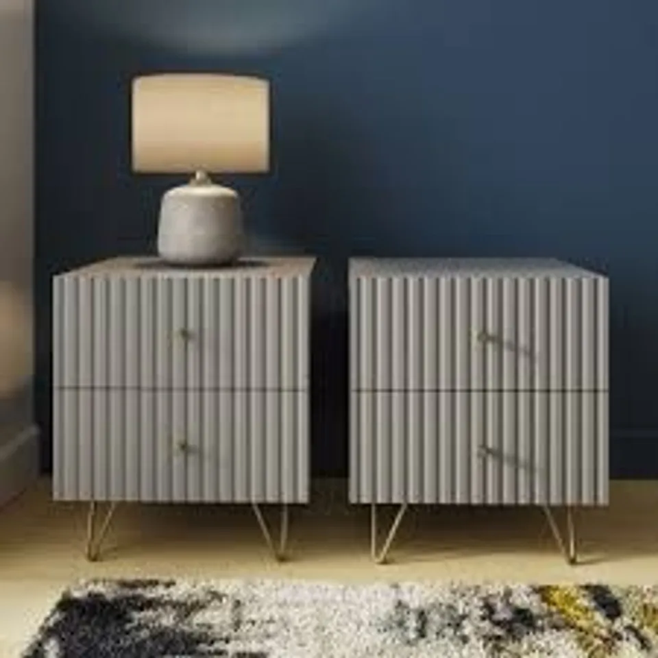 BOXED THALIA RIBBED 2 DRAWER BEDSIDE TABLE PAIR GREY