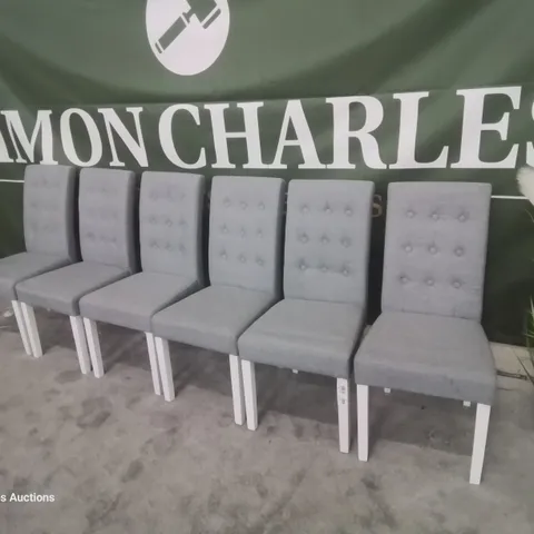 SET SIX REGENT LIGHT GREY FABRIC BUTTONED BACK DINING CHAIRS WHITE LEGS