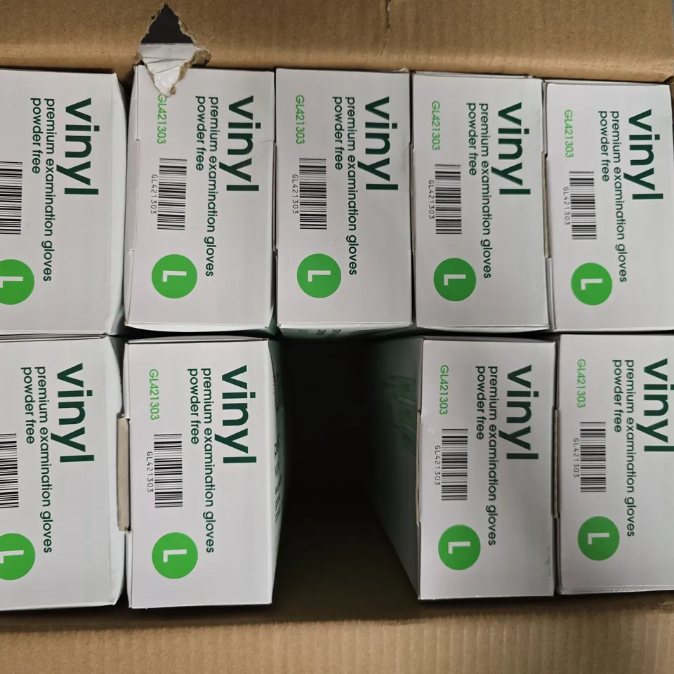 BOX OF APPROXIMATELY 10 PACKS OF CURA VINYL PREMIUM EXAMINATION GLOVES – POWDER FREE, SIZE L (100 PCS PER PACK)