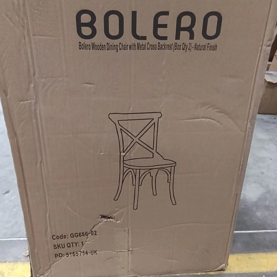 BOXED BOLERO WOODEN DINING CHAIR WITH METAL CROSS BACKREST SET OF 2- NATURAL FINISH