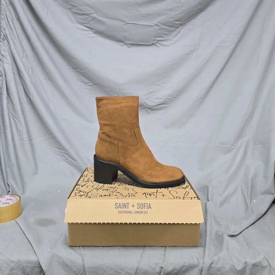 SAINT + SOFIA BROWN SUEDE ANKLE BOOT – BLOCK HEEL