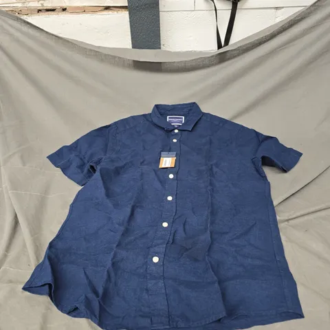 CHARLES TYRWHITT SHORT SLEEVE PURE LINEN SHIRT IN NAVY BLUE SIZE M