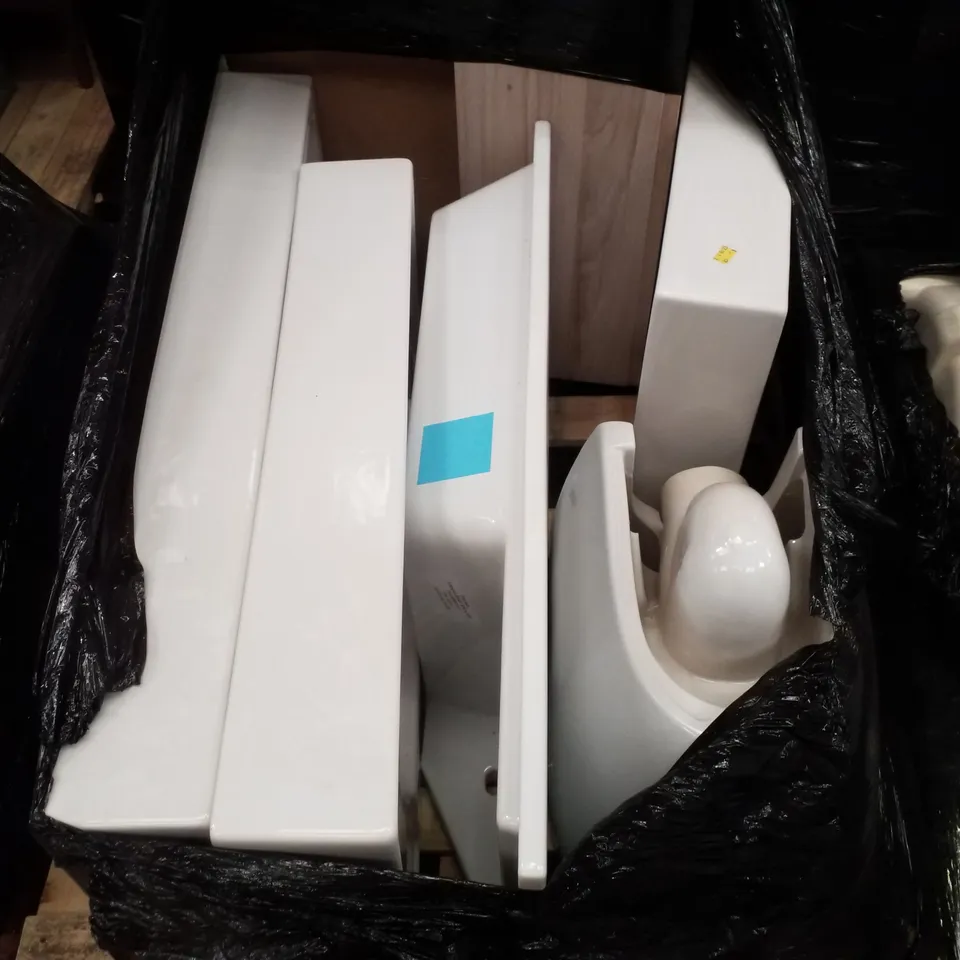 PALLET CONTAINING ASSORTED BATHROOM FURNITURE PARTS INCLUDING SINK BASINS, VANITY UNIT BASES & TOILET BASIN 