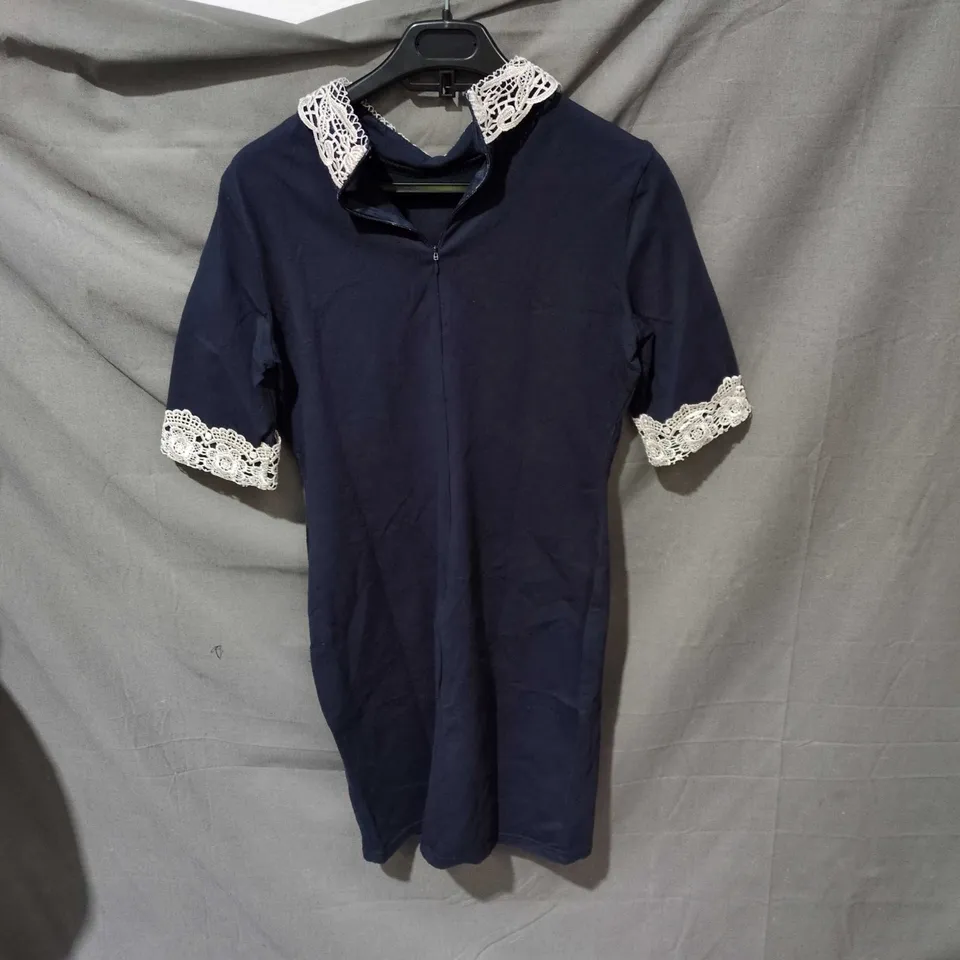 NAVY DRESS WITH WHITE LACE COLLAR AND CUFFS SIZE 12  