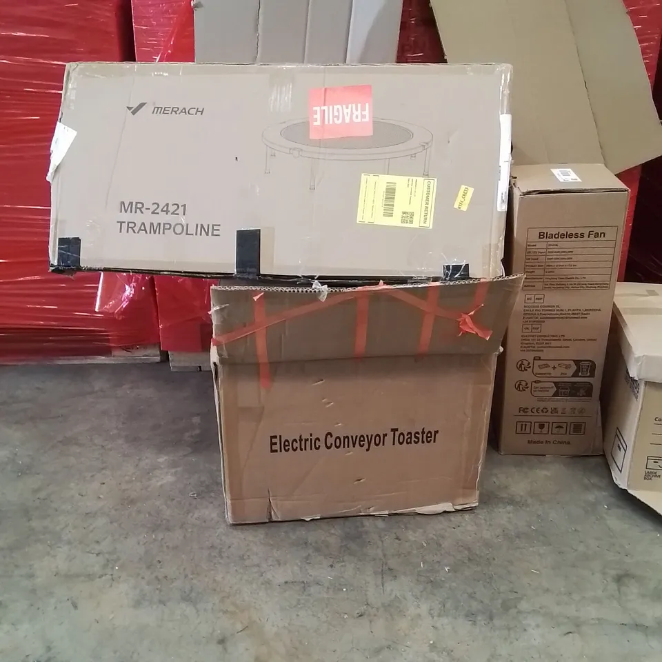 PALLET OF ASSORTED HOUSEHOLD GOODS AND PRODUCTS TO INCLUDE; ELECTRIC CONVEYOR TOASTER, BLADELESS FAN, TRAMPOLINE, BOXED FURNITURE ETC