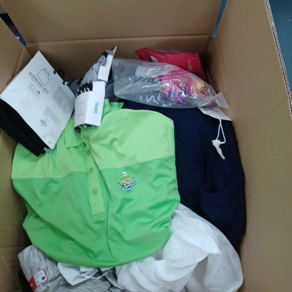 BOX OF ASSORTED CLOTHING ITEMS TO INCLUDE SWEATER, SOCKS, VESTS ETC 