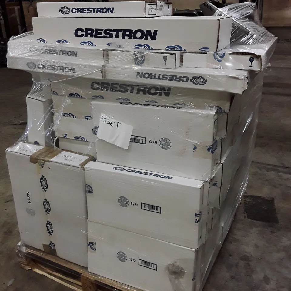 PALLET CONTAINING ASSORTED CRESTRON PRODUCTS INCLUDING TABLE TOP CONFERENCE SYSTEMS, GRAVITY CABLE RETRACTORS FOR FT2 SERIES & UNDERTABLE SHELVES FOR FT2 SERIES 