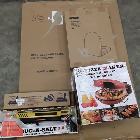 PALLET OF ASSORTED PRODUCTS INCLUDING ALUMINIUM FRAME WRITING BOARD, TOILET SEAT, PIZZA MAKER, SUPREME SEAT REJUENATUIN, BUG SALT GUN