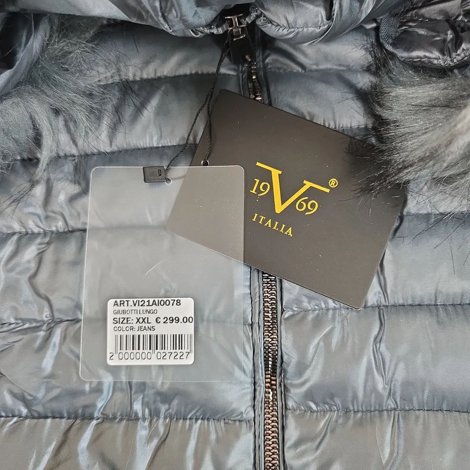 19V69 ITALIA LONG QUILTED PUFFER JACKET – XXL, JEANS BLUE
