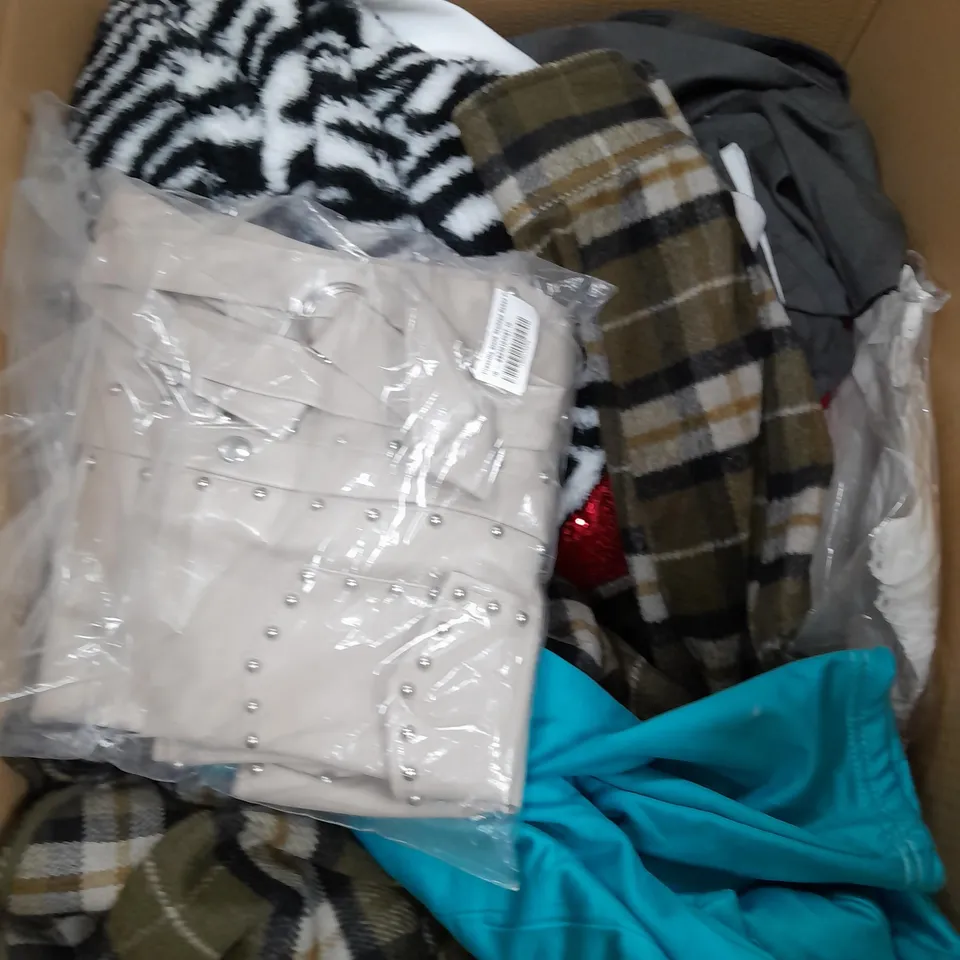 BOX OF APPROXIMATELY 15 ASSORTED CLOTHING ITEMS TO INCLUDE CHECKED COAT, ZEBRA PRINT JUMPER, SKIRT ETC