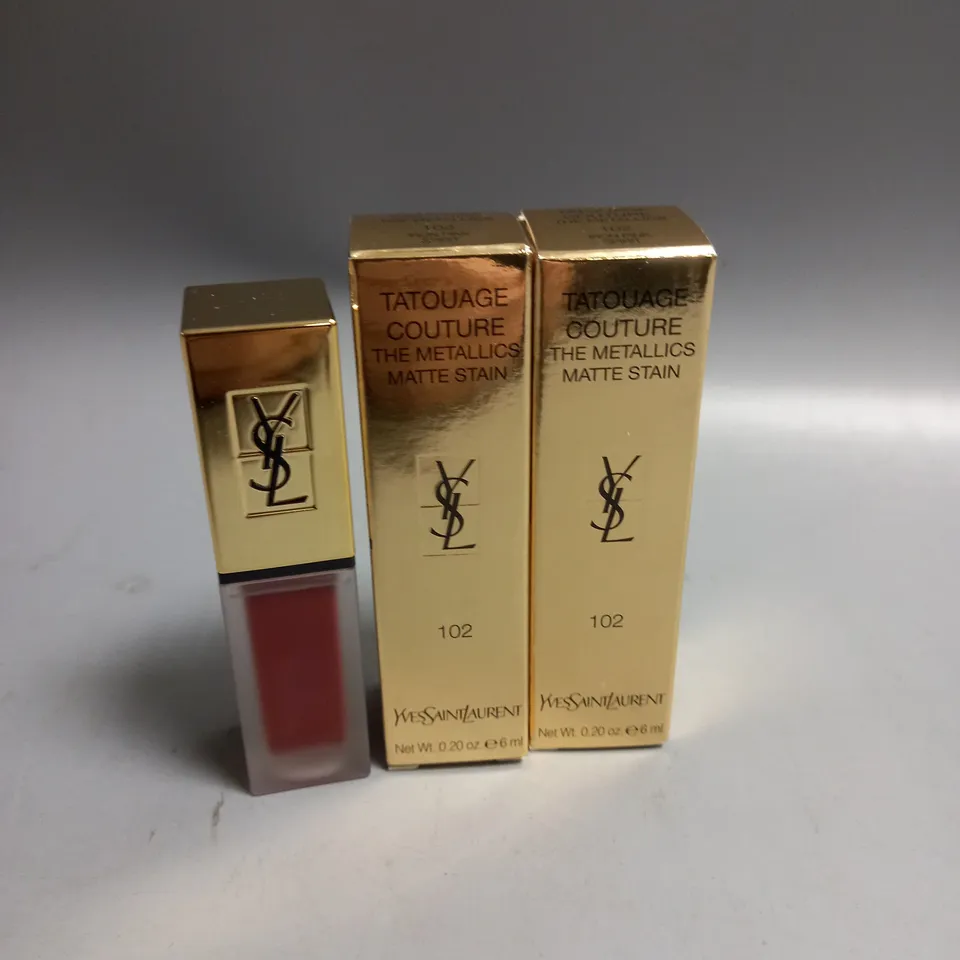 BOXED LOT OF 2 YVES SAINT LAURENT MATTE LIP STAIN IRON PINK SPIRIT 6ML