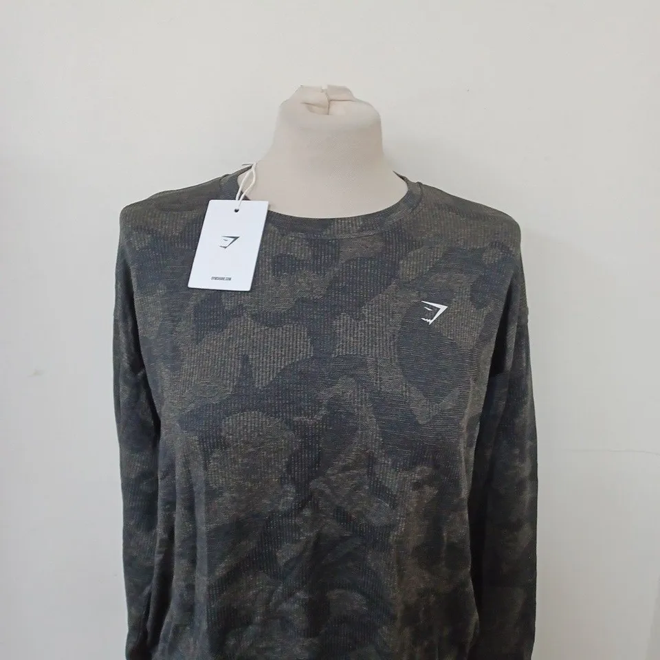 GYMSHARK ADAPT CAMO SEAMLESS LONG SLEEVE TOP SIZE L