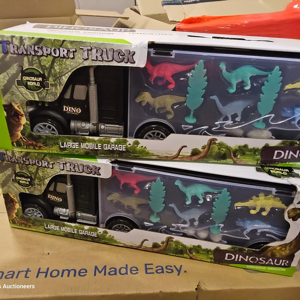 PALLET OF ASSORTED ITEMS INCLUDING MONCOOK DOUBLE AIR FRYER, SMART HOME FAN LAMP, DINOSAUR TRANSPORT TRUCKS, COTTON DUST SHEETS.