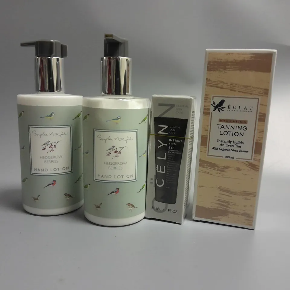 APPROXIMATELY 20 ASSORTED HEALTH AND BEAUTY PRODUCTS TO INCLUDE SOPHIE AUGUST HEDGEROW BERRIES HAND LOTION, CELYN INSTANT FIRM EYE TREATMENT, ÉCLAT HYDRATING TANNING LOTION