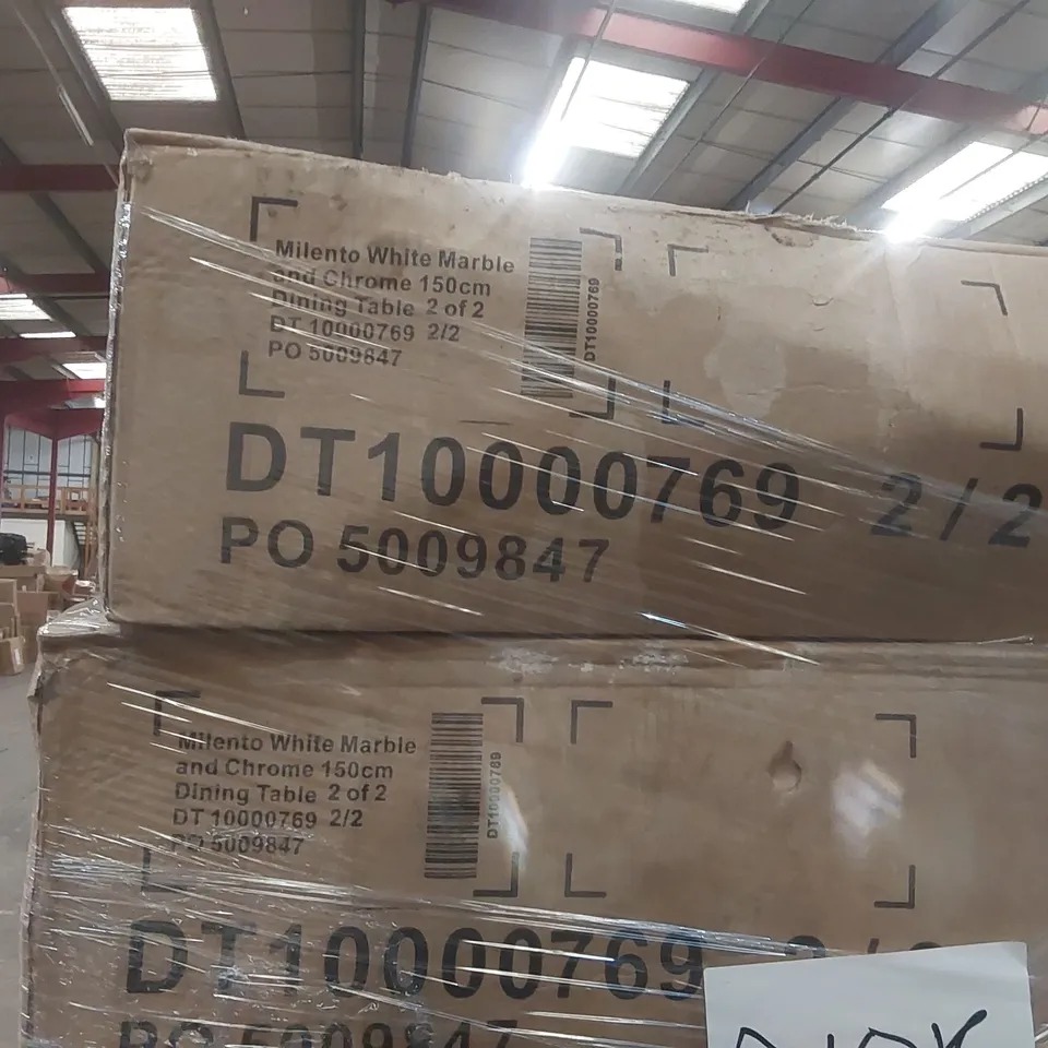 PALLET CONTAINING A LARGE QUANTITY OF ASSORTED DESIGNER FURNITURE PARTS INCLUDING: DINING TABLE PARTS ECT