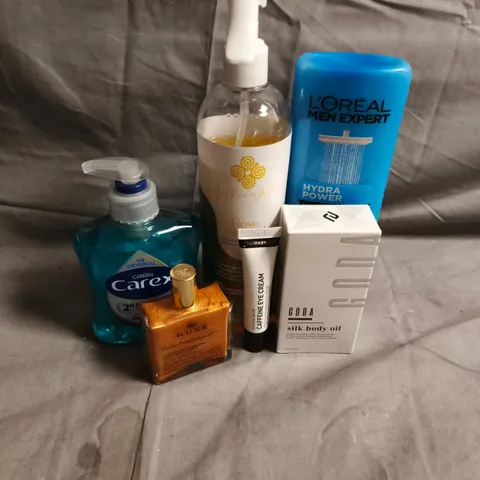 APPROXIMATEY 20 ASSORTED HEALTH AND BEAUTY PRODUCTS TO INCLUDE - CAREX HAND WASH - GODA SILK BODY OIL - THE INKEY LIST CAFFEINE EYE CREAM - ETC