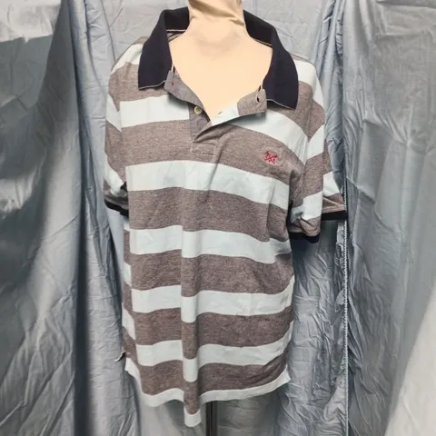 CREW CLOTHING COMPANY RUGBY STRIPE POLO SHIRT β BROWN & LIGHT GREY, NAVY COLLAR, MEN'S XL