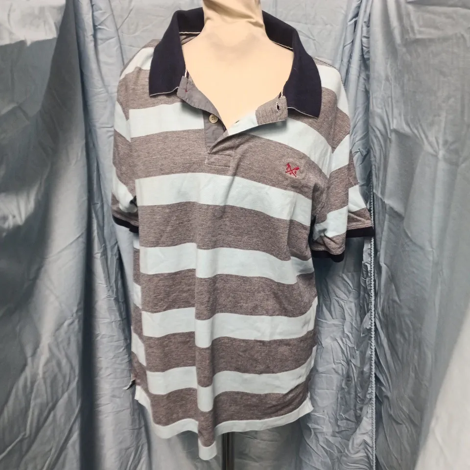CREW CLOTHING COMPANY RUGBY STRIPE POLO SHIRT – BROWN & LIGHT GREY, NAVY COLLAR, MEN'S XL