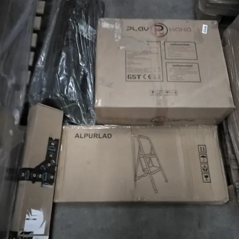 PALLET OF ASSORTED ITEMS INCLUDING ALPURLAD STEP LADDER, PLAY HAHA, YUDA, PHILLIPS 43" D LED SMART TV, TIMBER RIDGE CAMPING CHAIR