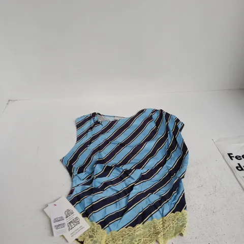NEVER FULLY DRESSED WOMENβS DRESS β UK 14 (EU 42, US 10) β BLUE STRIPE WITH CREAM LACE TRIM