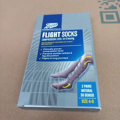 BOOTS FLIGHT SOCKS COMPRESSION STOCKINGS 14–17MMHG, 2 PAIRS, SIZE UK 4–6, NATURAL (30 DENIER)