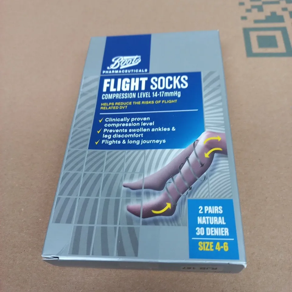 BOOTS FLIGHT SOCKS COMPRESSION STOCKINGS 14–17MMHG, 2 PAIRS, SIZE UK 4–6, NATURAL (30 DENIER)