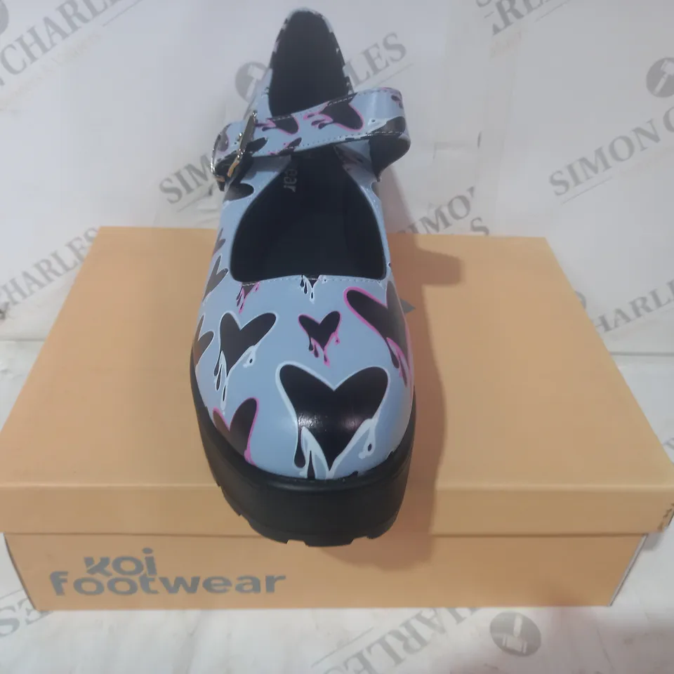 BRAND NEW BOXED PAIR OF KOI VEGAN LEATHER HEART ACHER MARY JANES SHOES IN BLUE UK SIZE 8