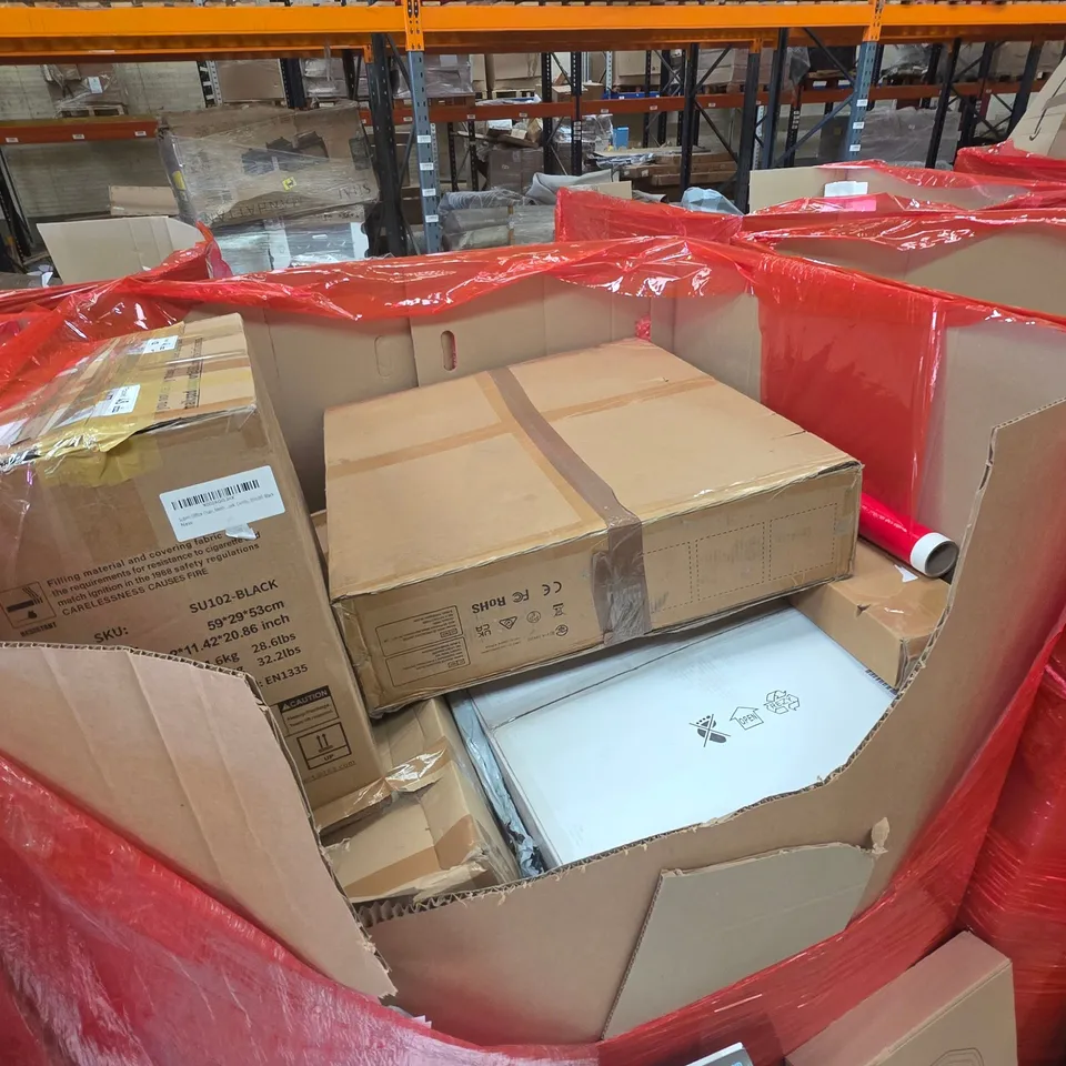 PALLET OF ASSORTED HOUSEHOLD GOODS AND PRODUCTS TO INCLUDE;TESLA TRUCK MAT,GYM BENCH,UPSEAT