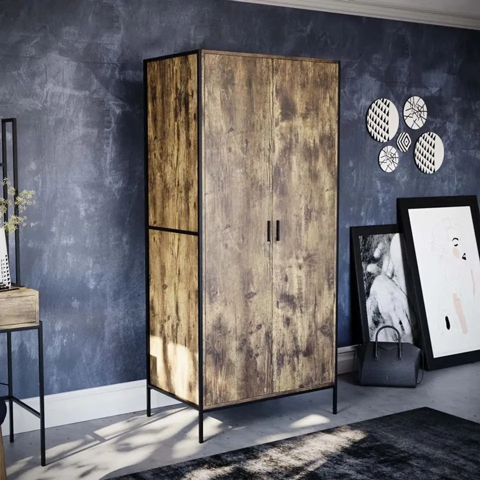BOXED OSCAR 2 DOOR INDUSTRIAL WARDROBE WITH STORAGE SHELF, HANGING RAIL AND SOLID METAL FRAME (2 BOXES)