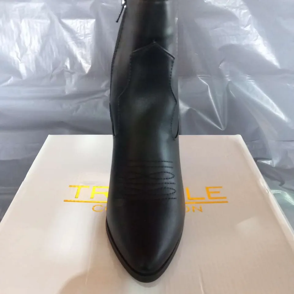 BOXED TRUFFLE BLACK SYNTHETIC ANKLE BOOTS SIZE 3