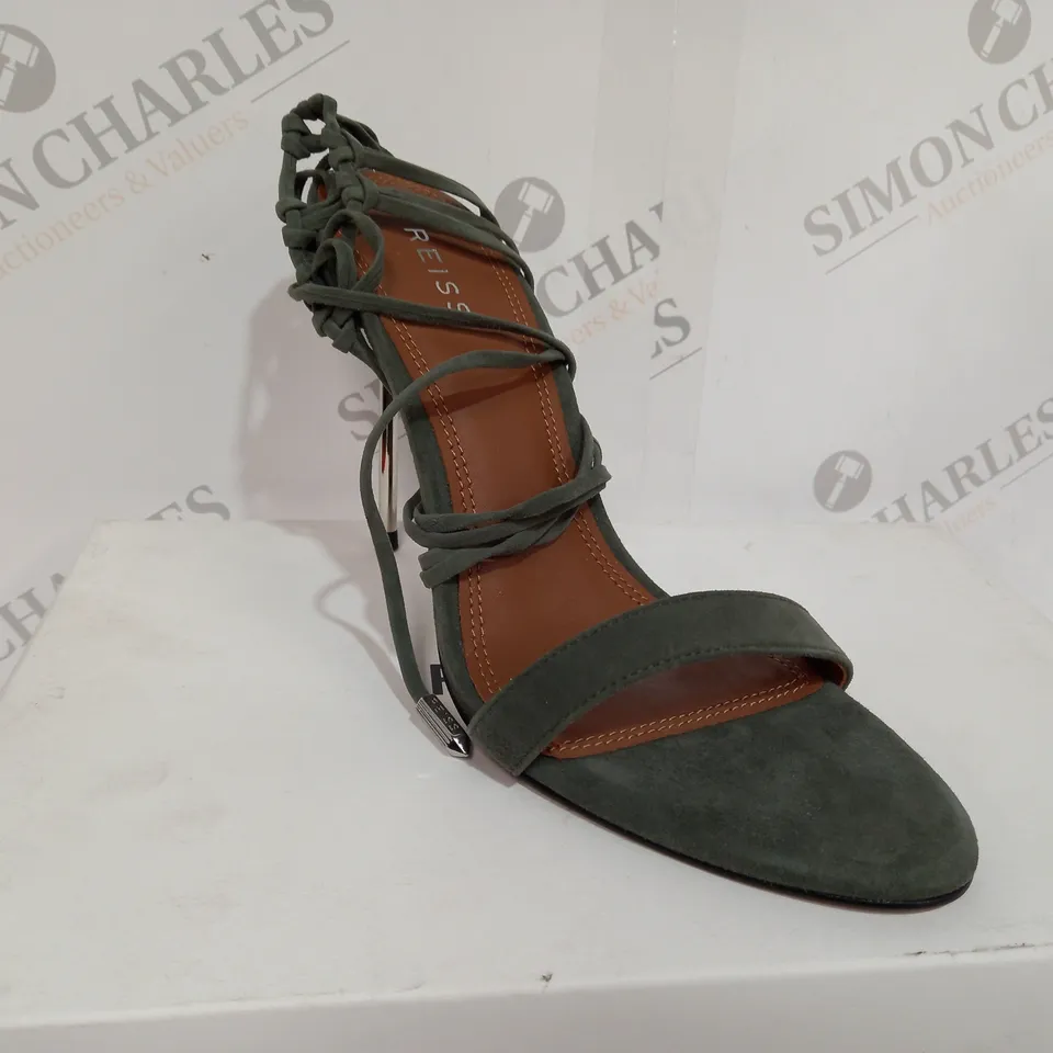 BOXED PAIR OF REISS ZHANE STRAPPY SUEDE HEELS IN GREEN SIZE 6