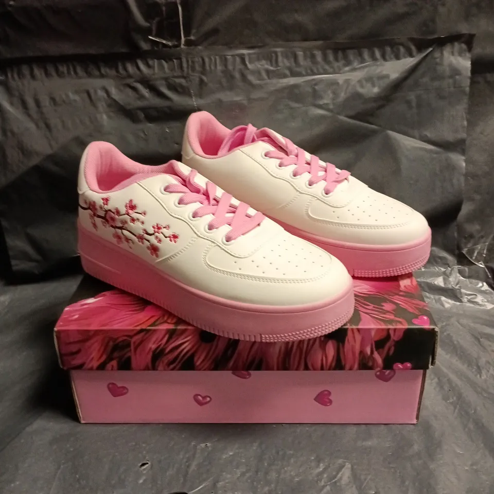 KOI WHITE TRAINERS WITH PINK SOLE AND CHERRY BLOSSOM DESIGN SIZE 6