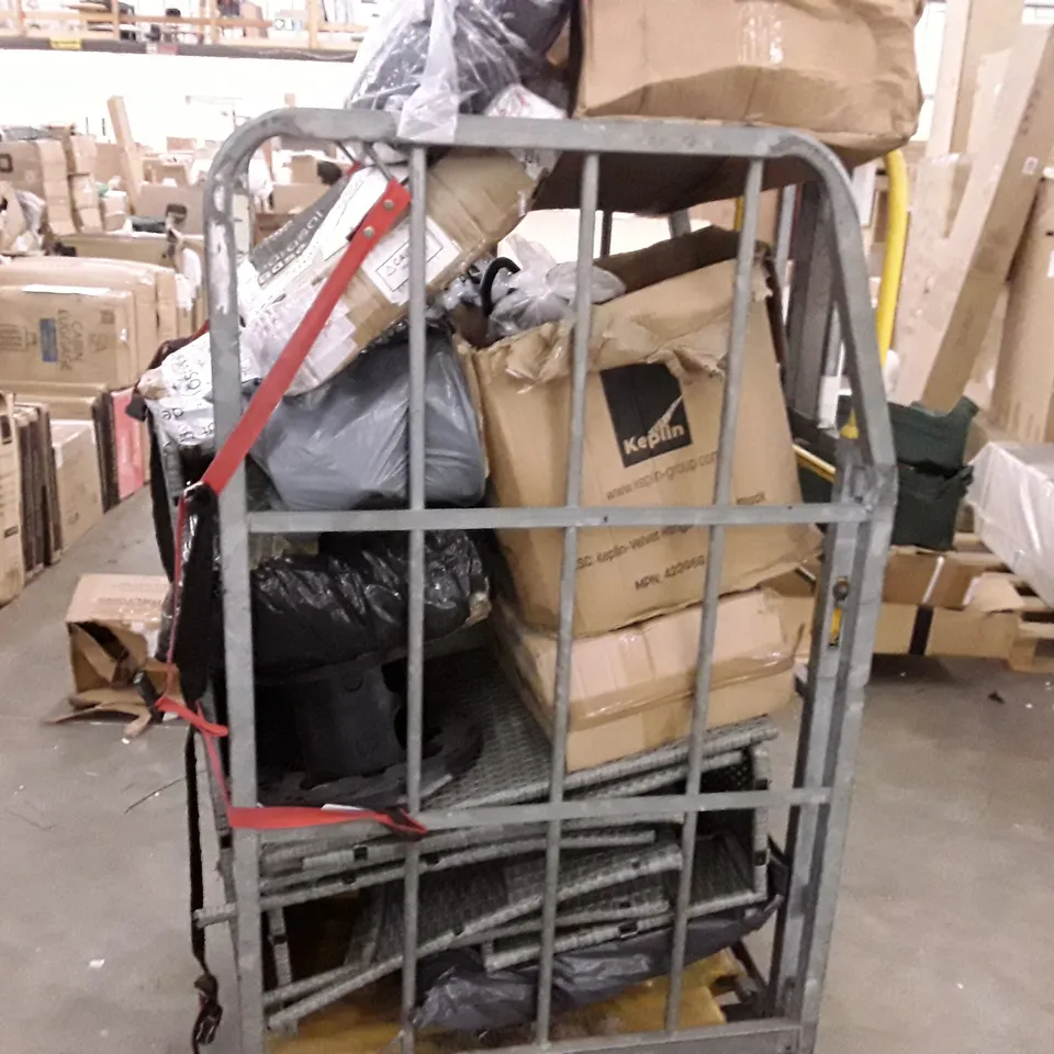 CAGE TO CONTAIN AN ASSORTMENT OF HOUSEHOLD ITEMS TO INCLUDE GARDEN FURNITURE, YOGA MATS PARASOL BASES AND HANGERS ECT