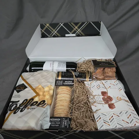 BOXED HAMPERS OF DISTINCTION FOOD HAMPER TO INCLUDE - WATERD EDGE SHIRAZ - WALKERD CHOCOLATES BELIGIAN CHOCOLATE FLAKED TRUFFLES - GOURMET ALL BUTTER FUDGE - ETC - COLLECTION ONLY