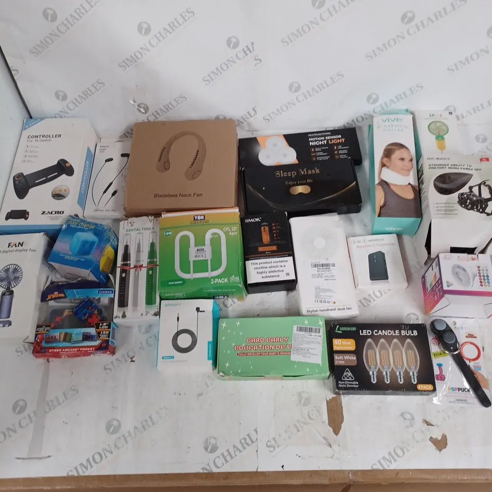 APPROXIMATELY 15 HOUSEHOLD ITEMS TO INCUDE VIVE CERVICAL COLLAR, HANDHELD FAN, LED CANDLE BULB, AND SLEEP MASK ETC. 