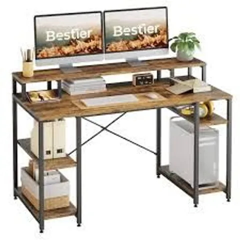 BOXED BESTIER GAMING MONITOR SHELF DESK WITH STORAGE 55" WIDE - RUSTIC BROWN (1 BOX)